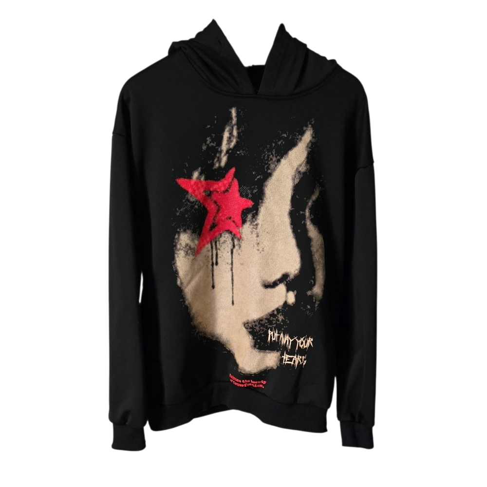 ROMWE Grunge Portrait Hoodie - Black Oversized Streetwear Sweatshirt - Small - Picture 3 of 6